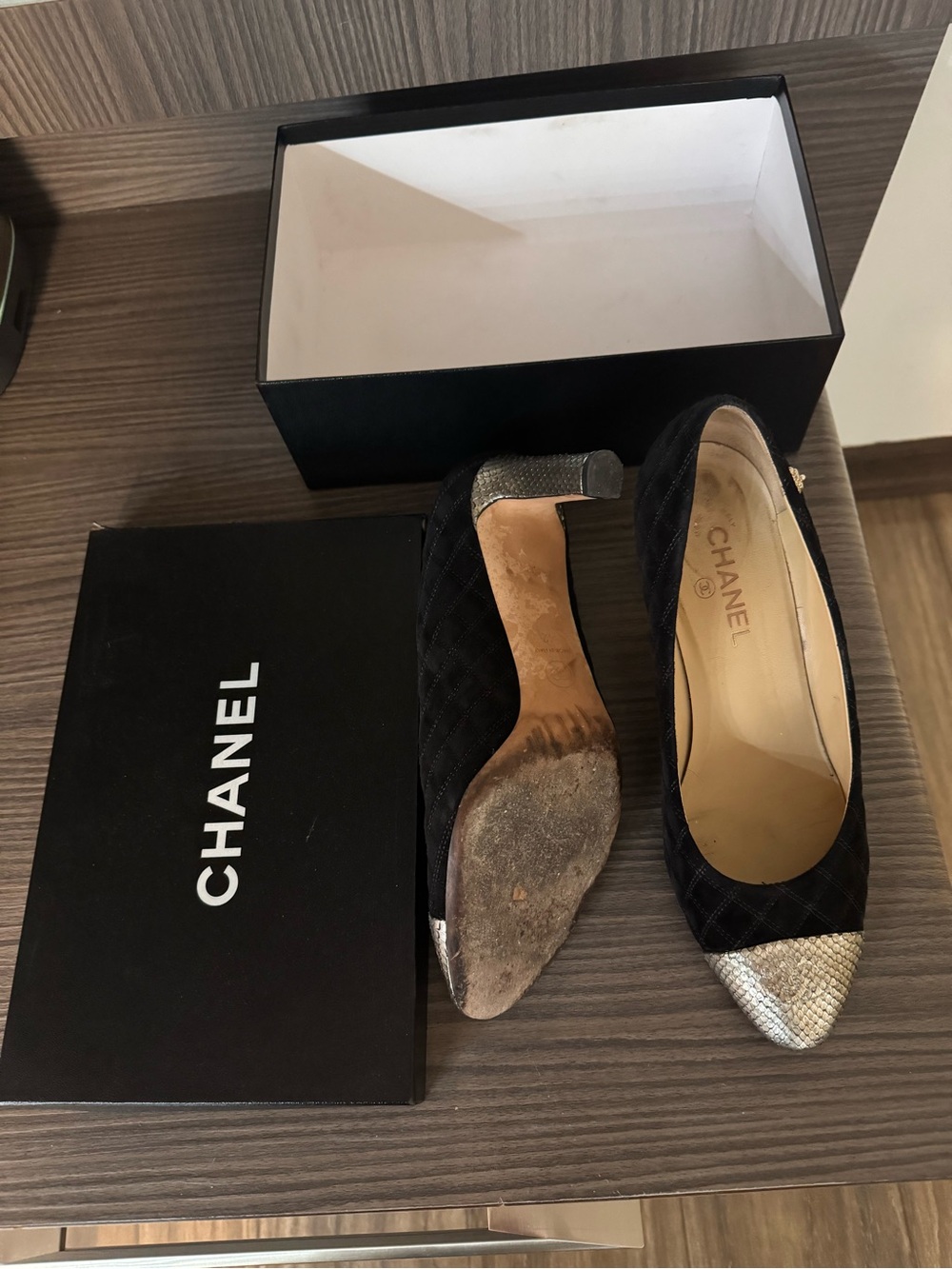 CHANEL Black Quilted Pointed Toe Pumps with Silver Cap Toe